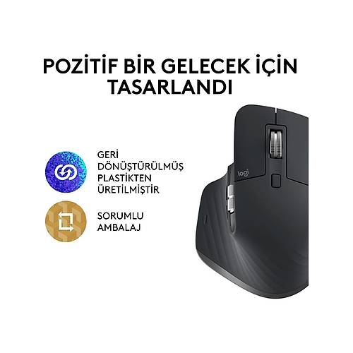 LOGITECH MX MASTER 3S PERFORMANS KABLOSUZ SESS�Z USB OPT�K MOUSE S�YAH 910-006559
