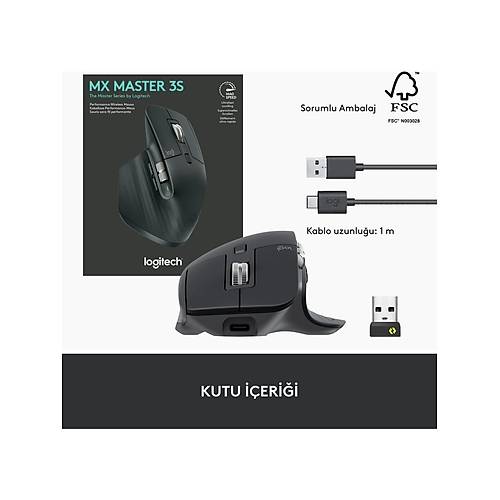 LOGITECH MX MASTER 3S PERFORMANS KABLOSUZ SESS�Z USB OPT�K MOUSE S�YAH 910-006559