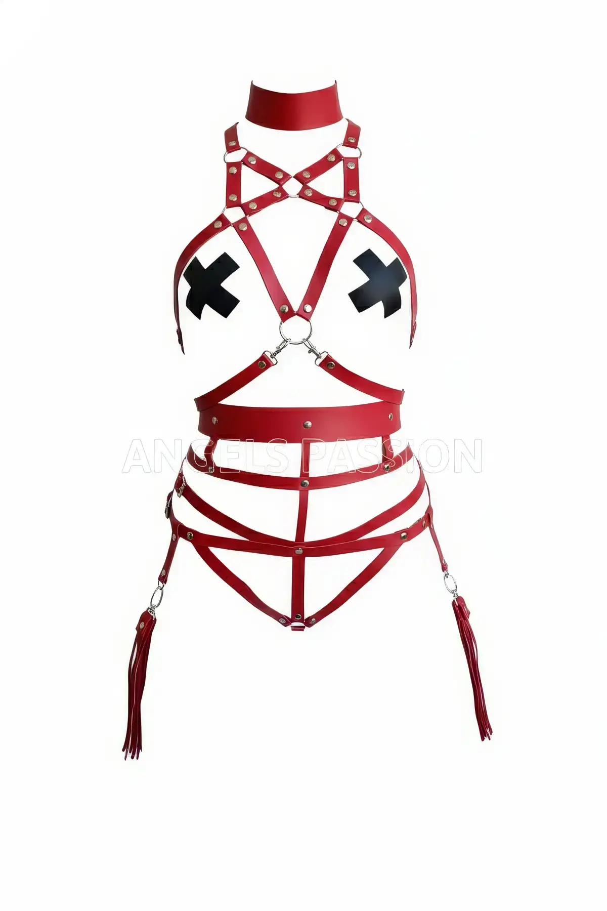 Kırmızı Harness Takım Boyunluklu Metal Detaylı Vücut Kemer Seti - APFT402
