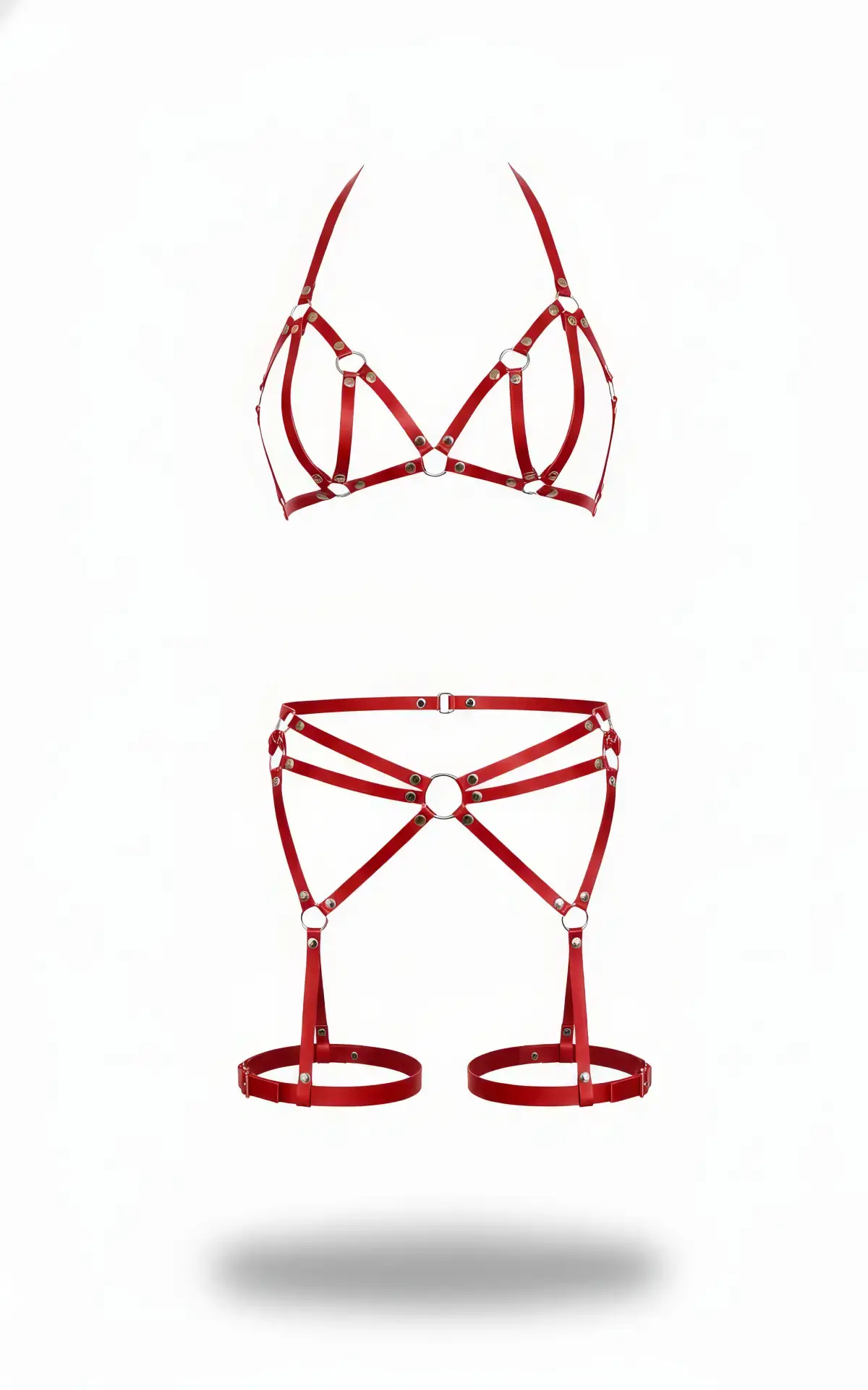 Kırmızı Harness Takım Metal Halka Detaylı Bralet Jartiyer Seti - APFT547