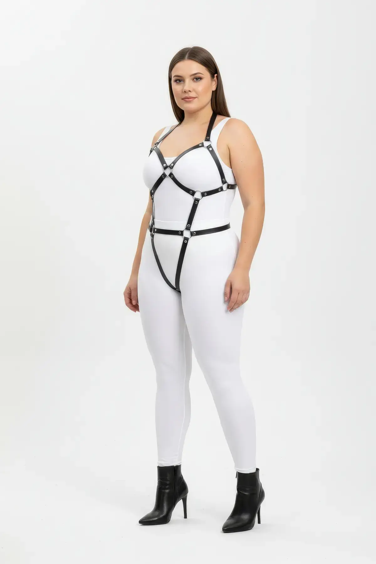 Büyük Beden Siyah Kadın Full Body Deri Harness Takım Halka Detaylı Fantazi Aksesuar - APFT759