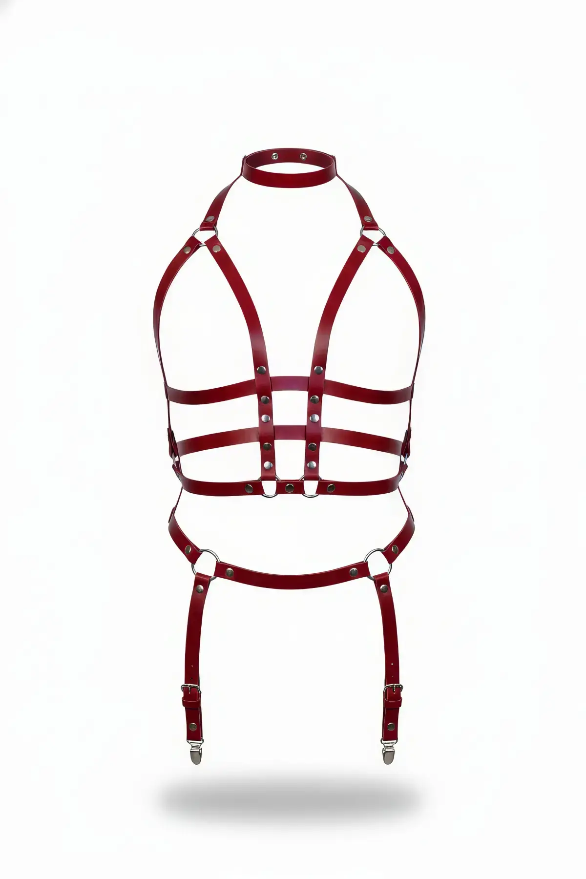 Bordo Harness Takım Boyunluklu Jartiyerli Deri Vücut Aksesuarı - APFT707