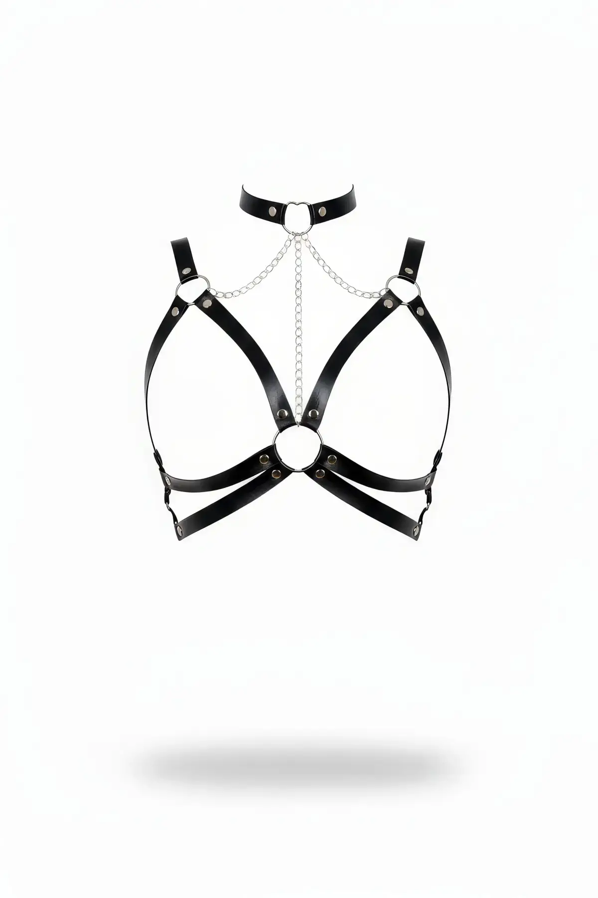 Siyah Göğüs Harness Zincir Detaylı Deri Choker - APFT797