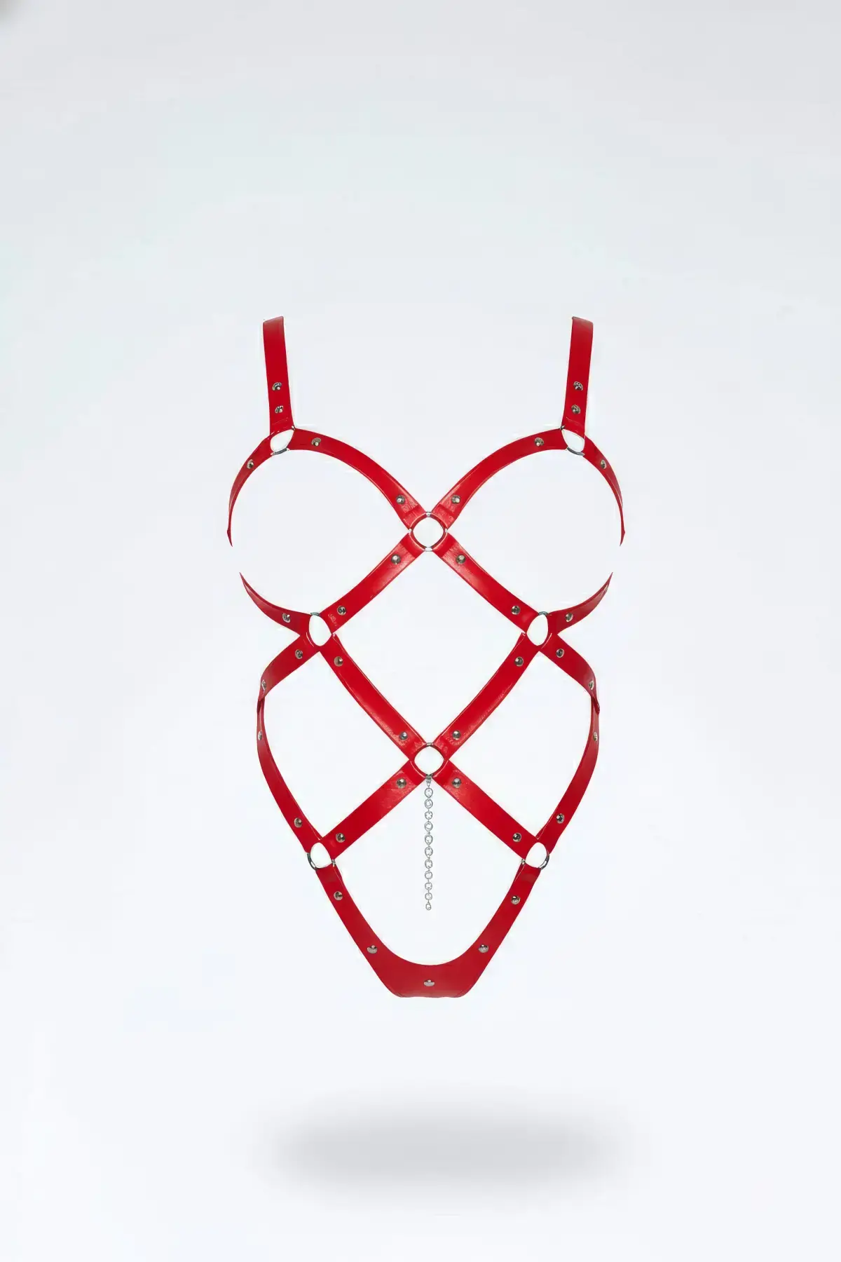 Kırmızı Body Harness Deri Kafes Yapılı Metal Halka Detaylı - APFT542