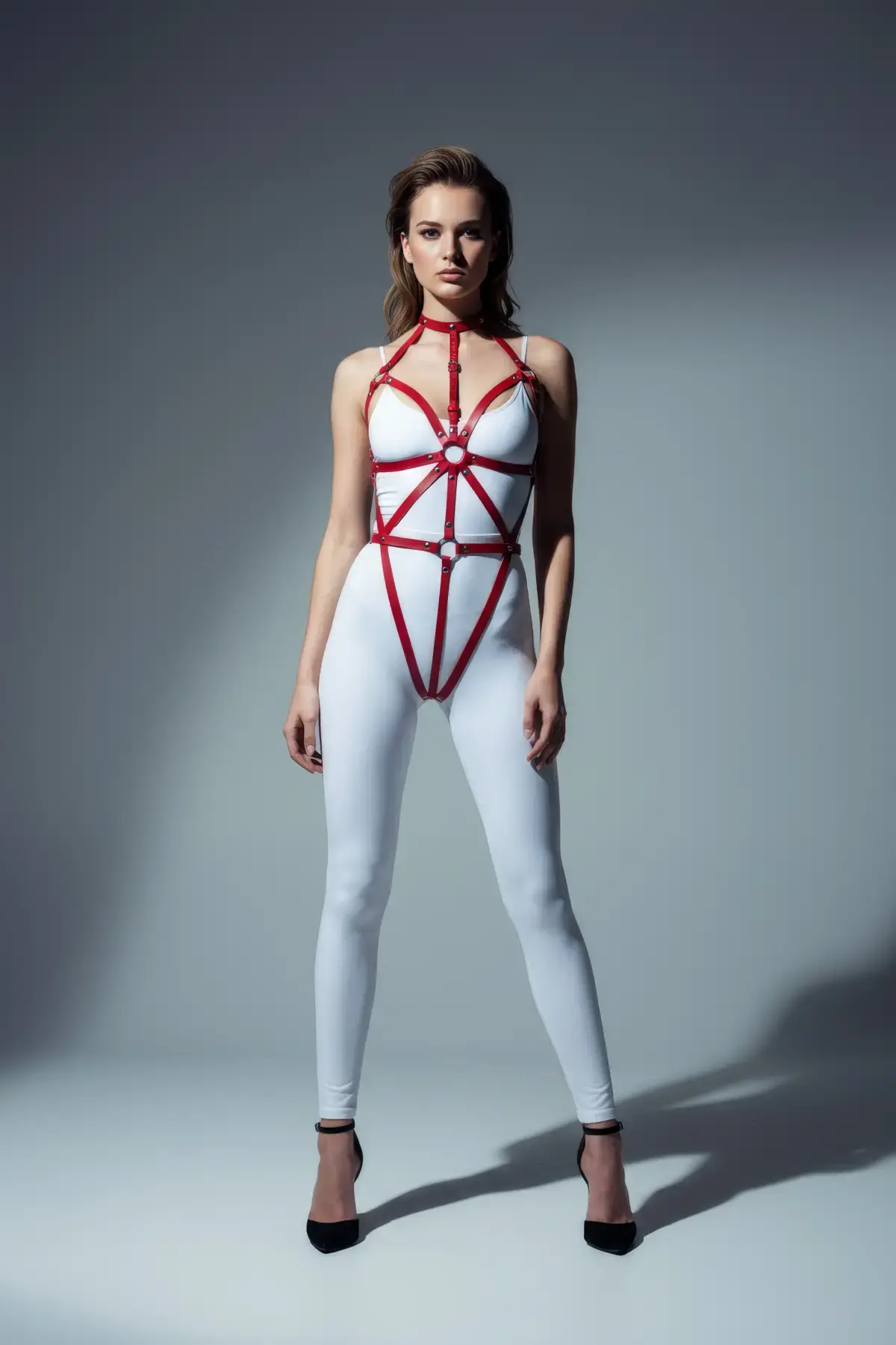 Kırmızı Body Harness Kadın Deri Metal Halka Detaylı - APFT243