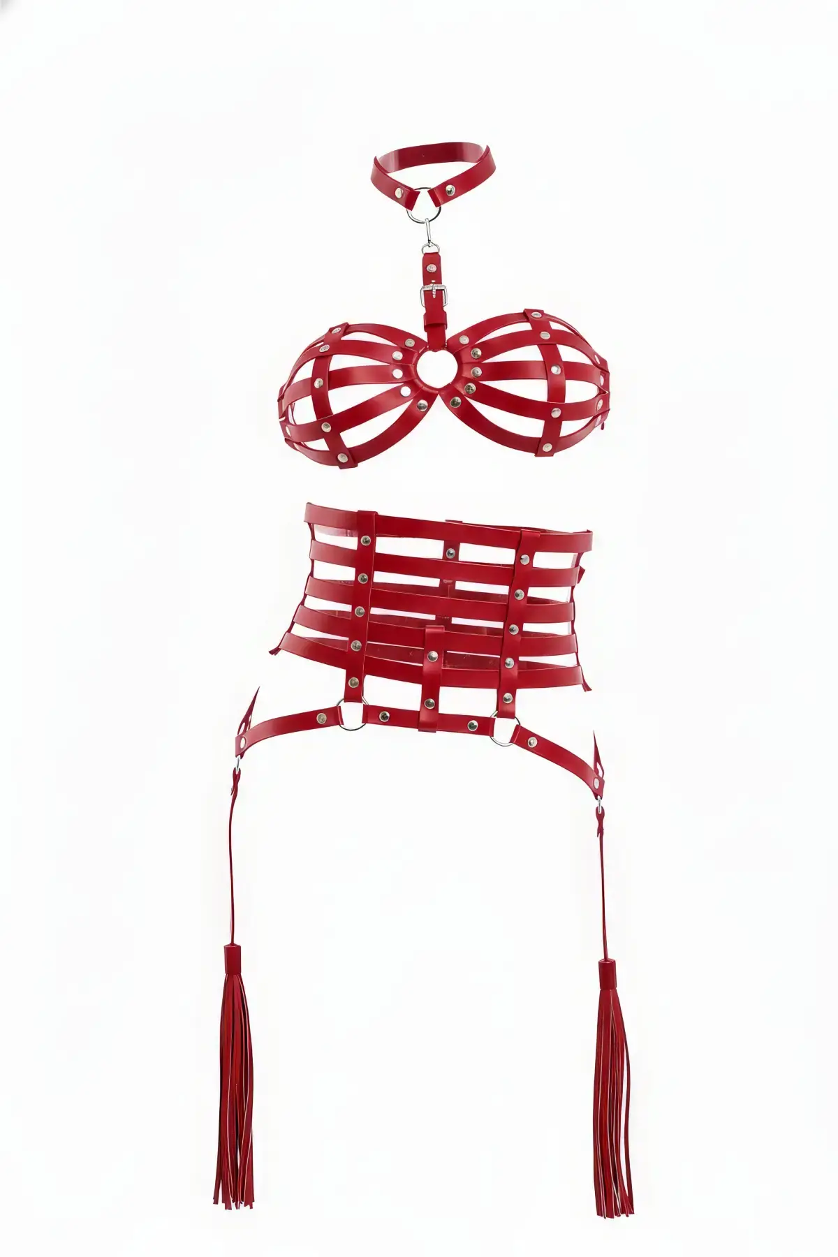 Kırmızı Harness Takım Deri Kafes Yapılı Metal Zımbalı - APFT378