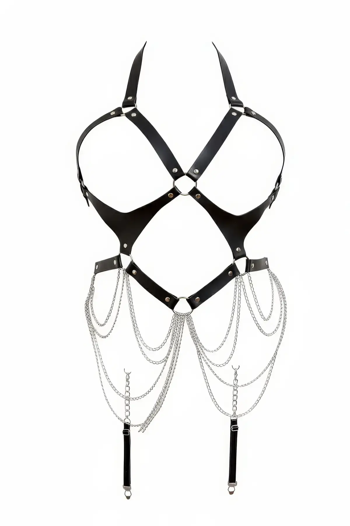 Siyah Body Harness Suni Deri Zincir Detaylı Vücut Aksesuarı - APFT1161