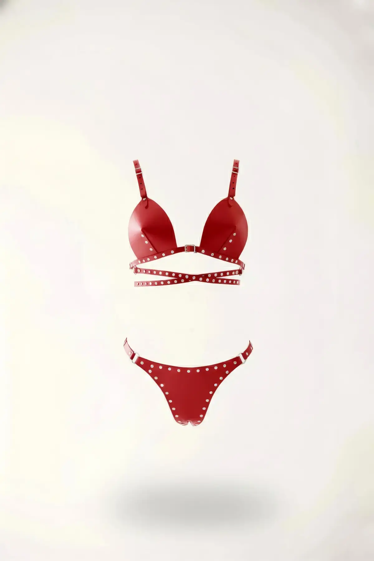 Kırmızı Harness Takım Zımbalı Suni Deri Bralet - APFT849