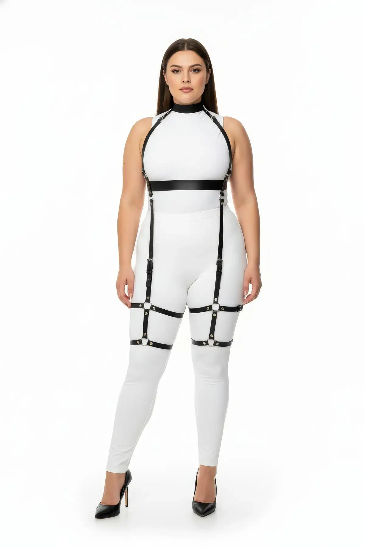 Büyük Beden Siyah Kadın Deri Full Body Harness Takım Şık Vücut Aksesuarı - APFT864