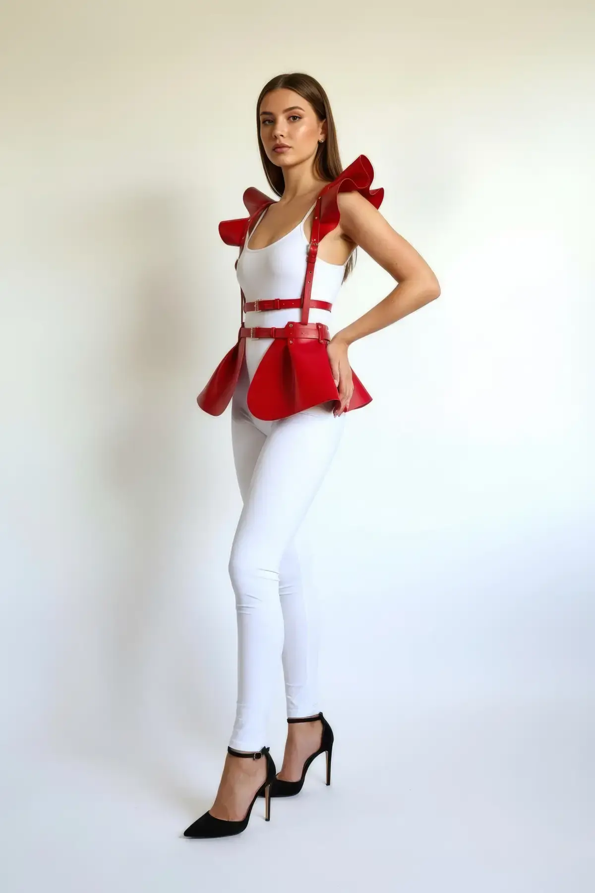 Kırmızı Etek Deri Volanlı Omuz Peplum - APFT1001