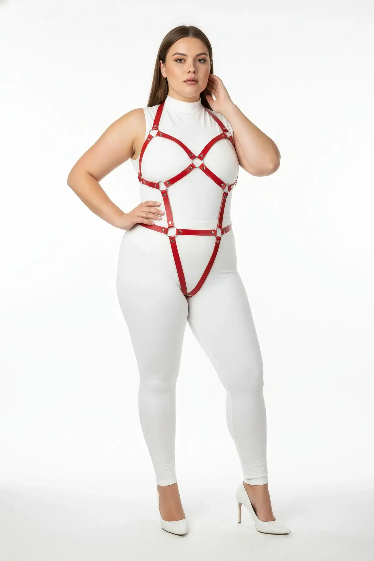 Büyük Beden Kırmızı Kadın Harness Takım Full Body Deri Fantazi Aksesuarı - APFT759