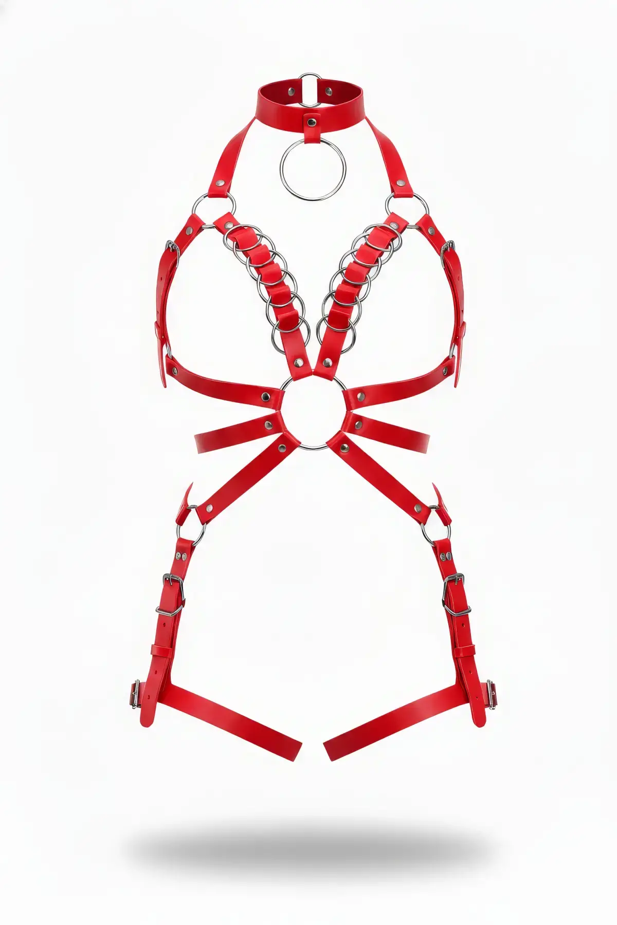 Kırmızı Harness Takım Deri Metal Halka Detaylı Boyunluklu - APFT781