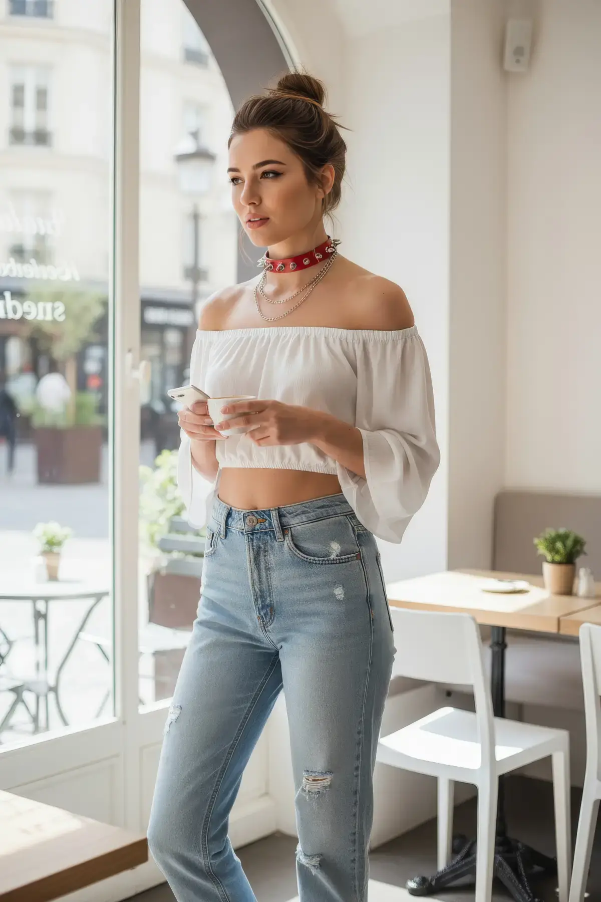 Kırmızı Choker Zımbalı Deri Boyunluk - APFT975