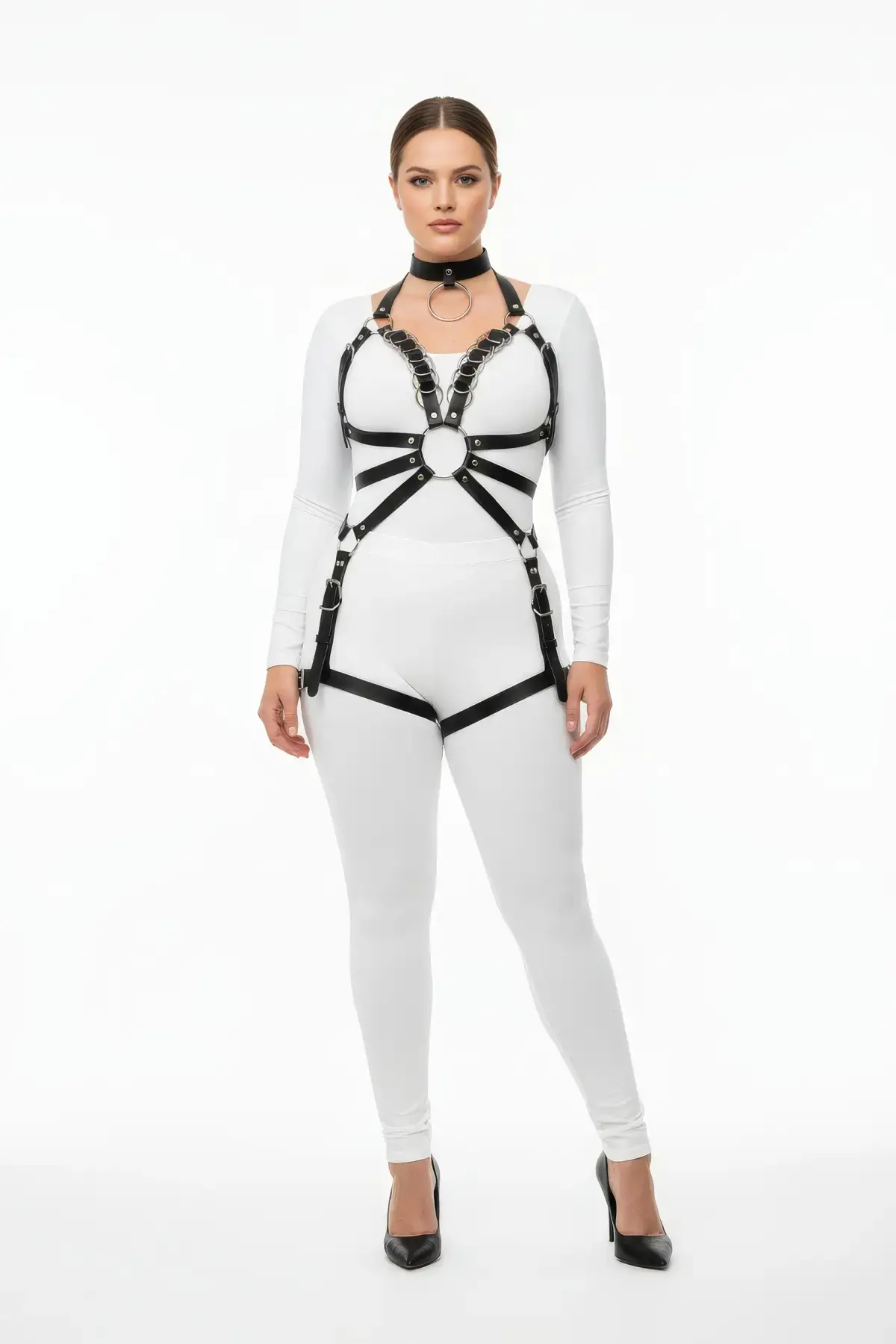 Büyük Beden Siyah Kadın Harness Takım Full Body Deri Şık Tasarım - APFT781