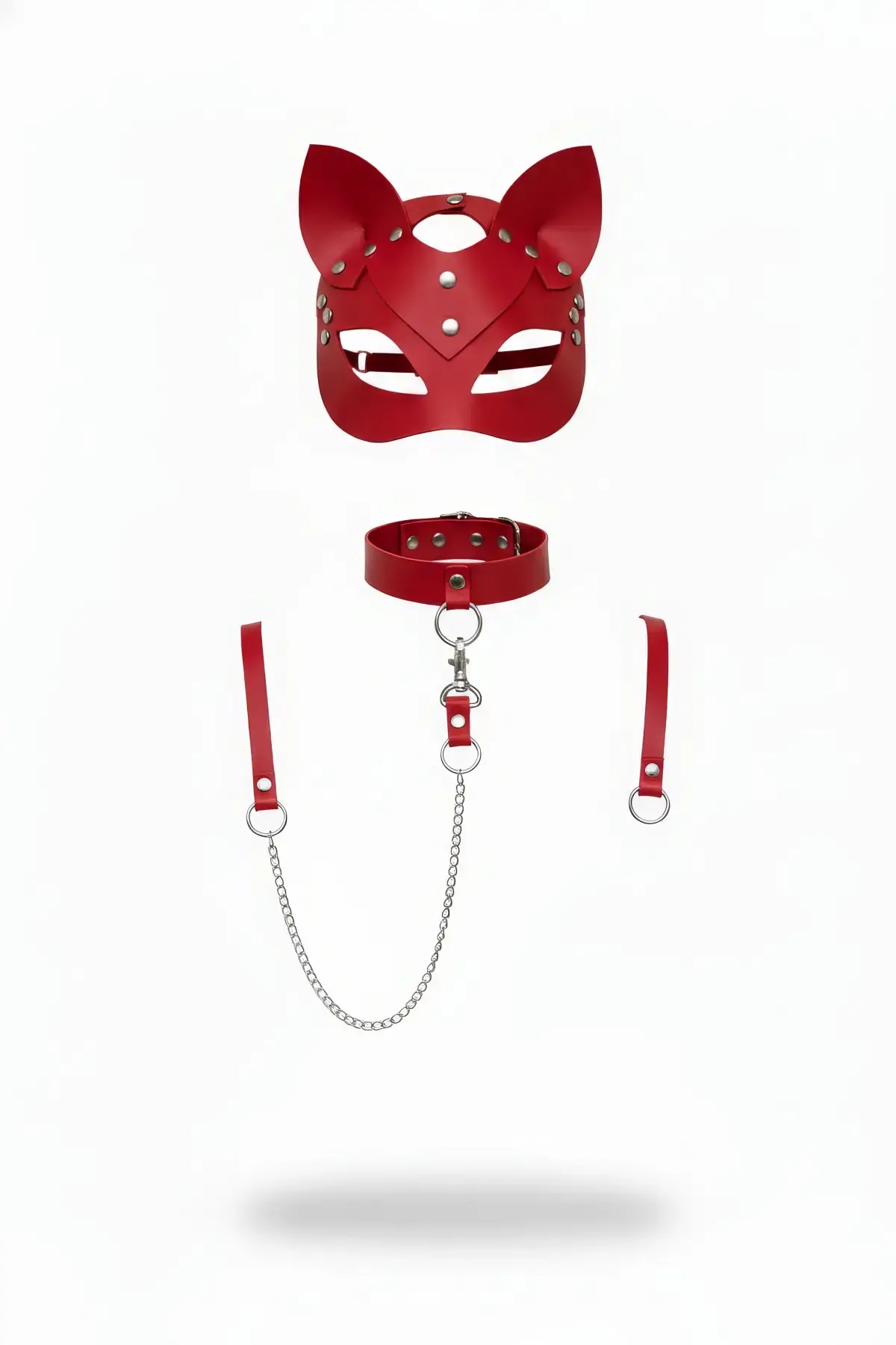 Kırmızı Harness Takım Deri Kedi Maskeli Zincir Detaylı - APFT784
