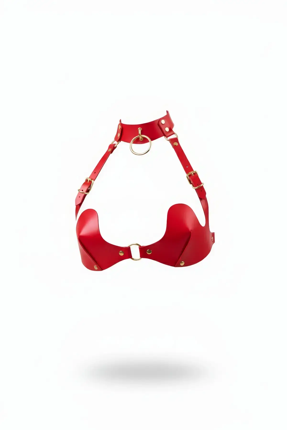 Kırmızı Göğüs Harness Boyunluklu Altın Tokalı Deri Korse - APFT1226