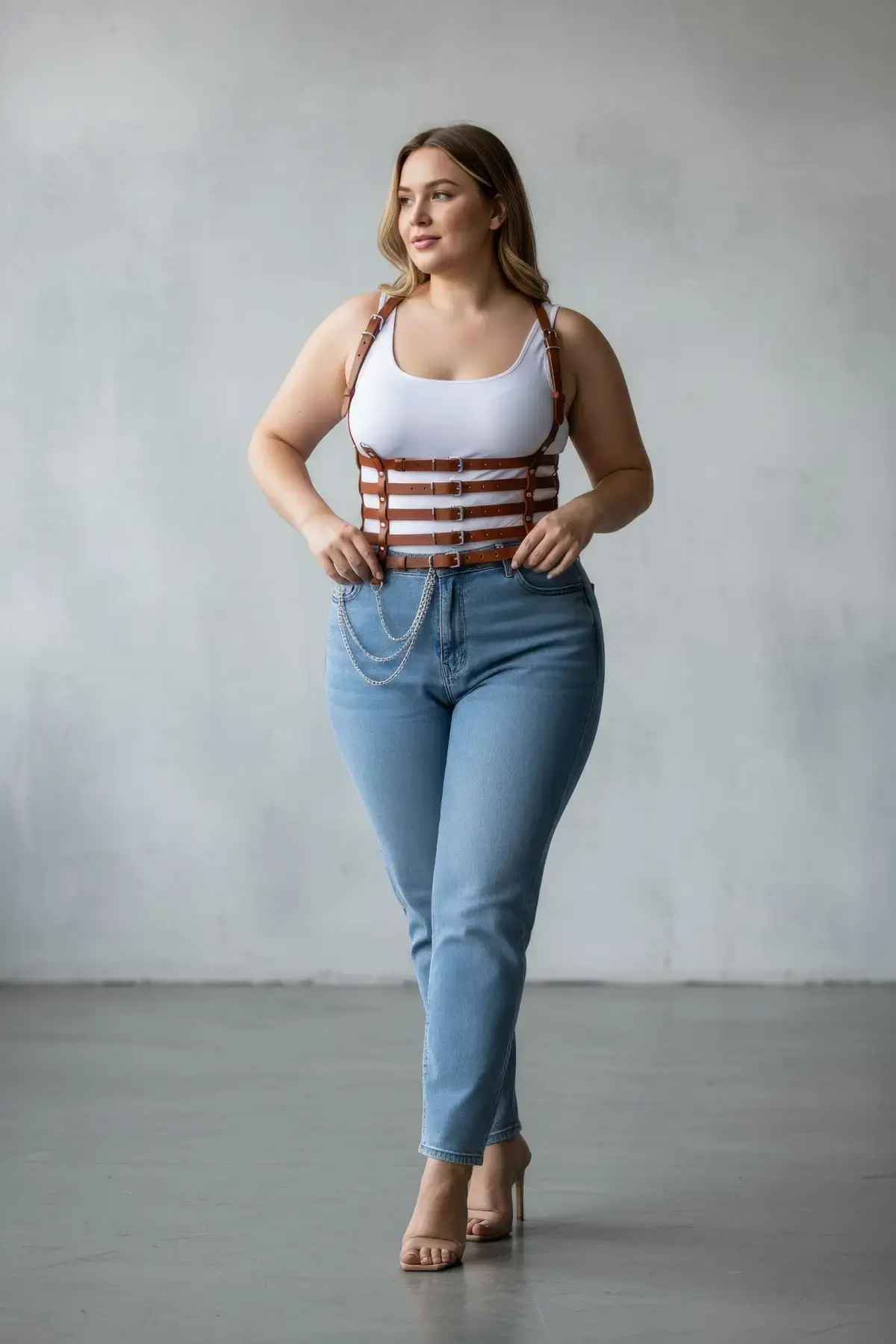 Büyük Beden Taba Kadın Kemer Zincir Detaylı Korse Tarzı Deri Harness - APFT626