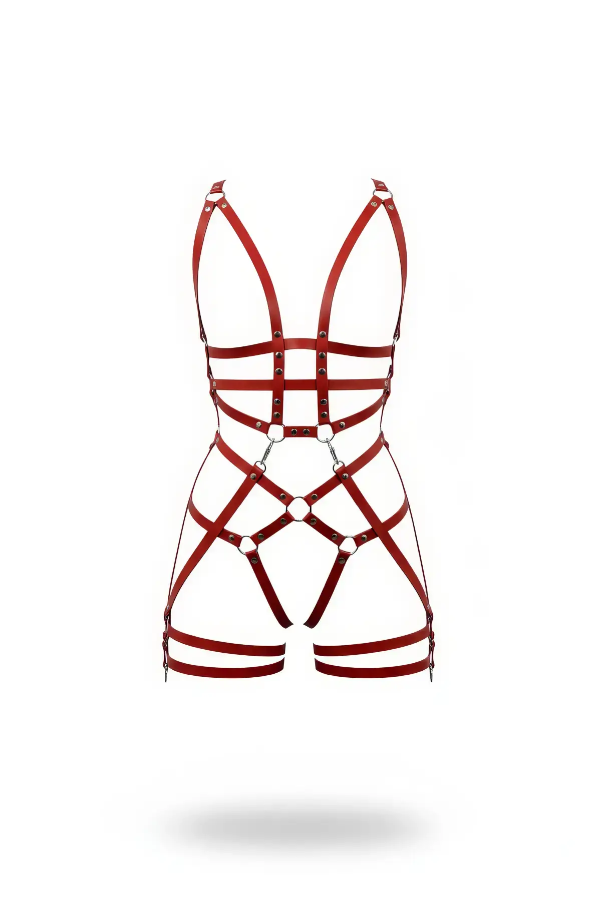 Kırmızı Jartiyer Harness Deri Dokulu Metal Halka Detaylı Vücut Aksesuarı - APFT502
