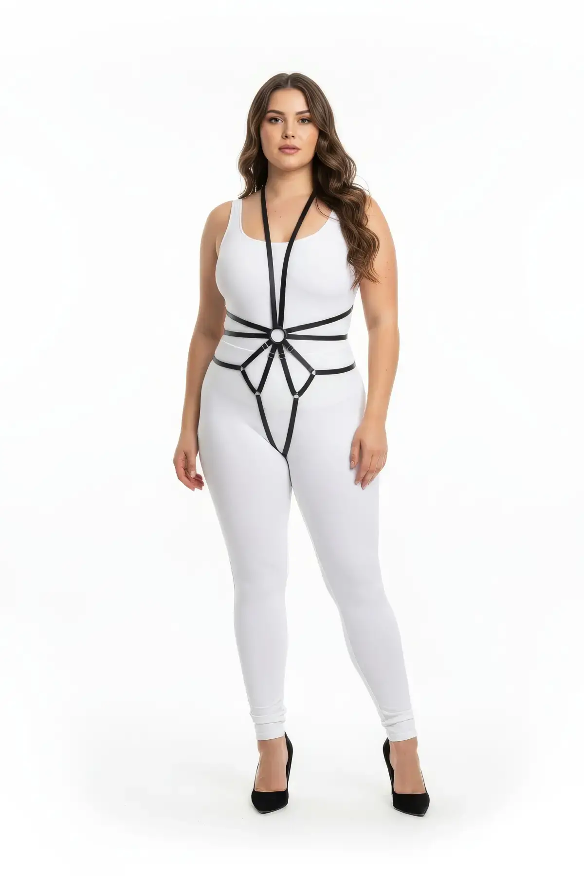 Büyük Beden Siyah Kadın Deri Harness Full Body Halka Detaylı Harness - APFT339