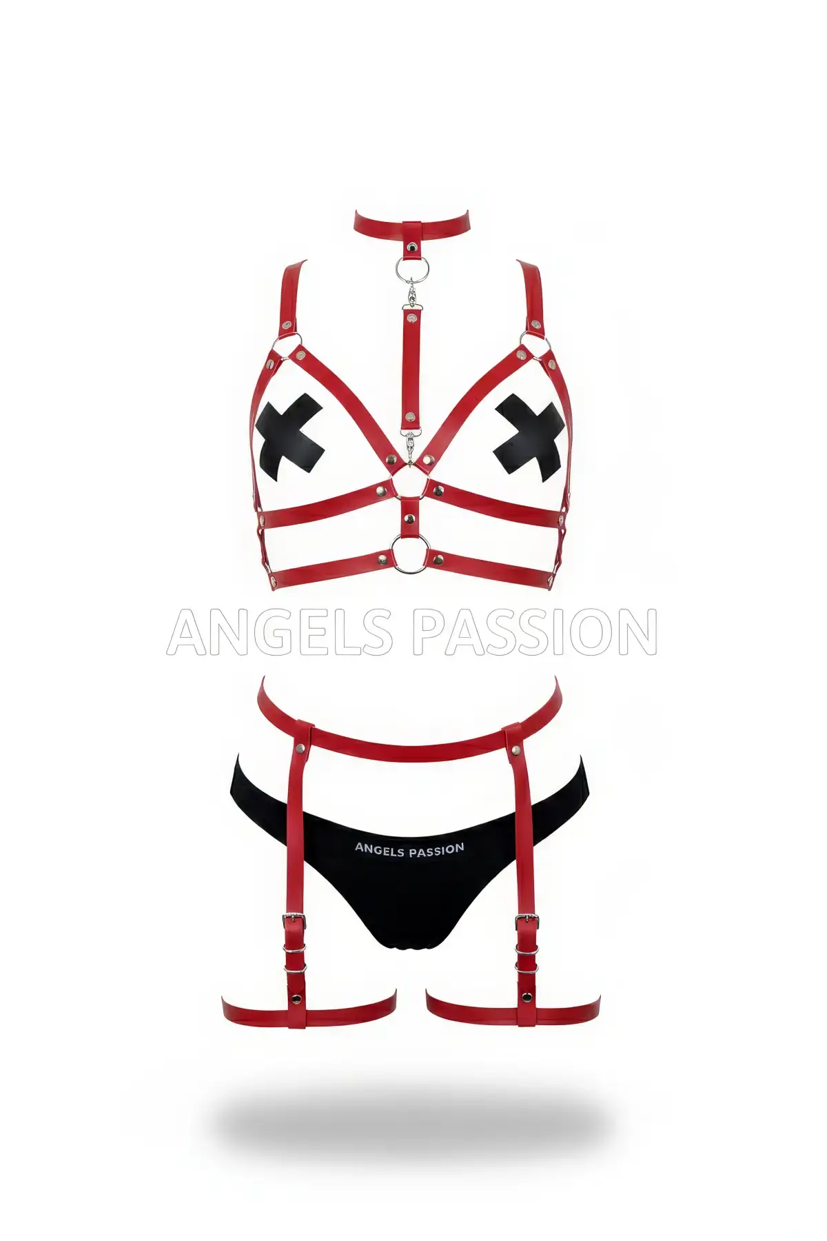 Kırmızı Harness Takım Boyunluklu Jartiyerli Metal Detaylı - APFT488