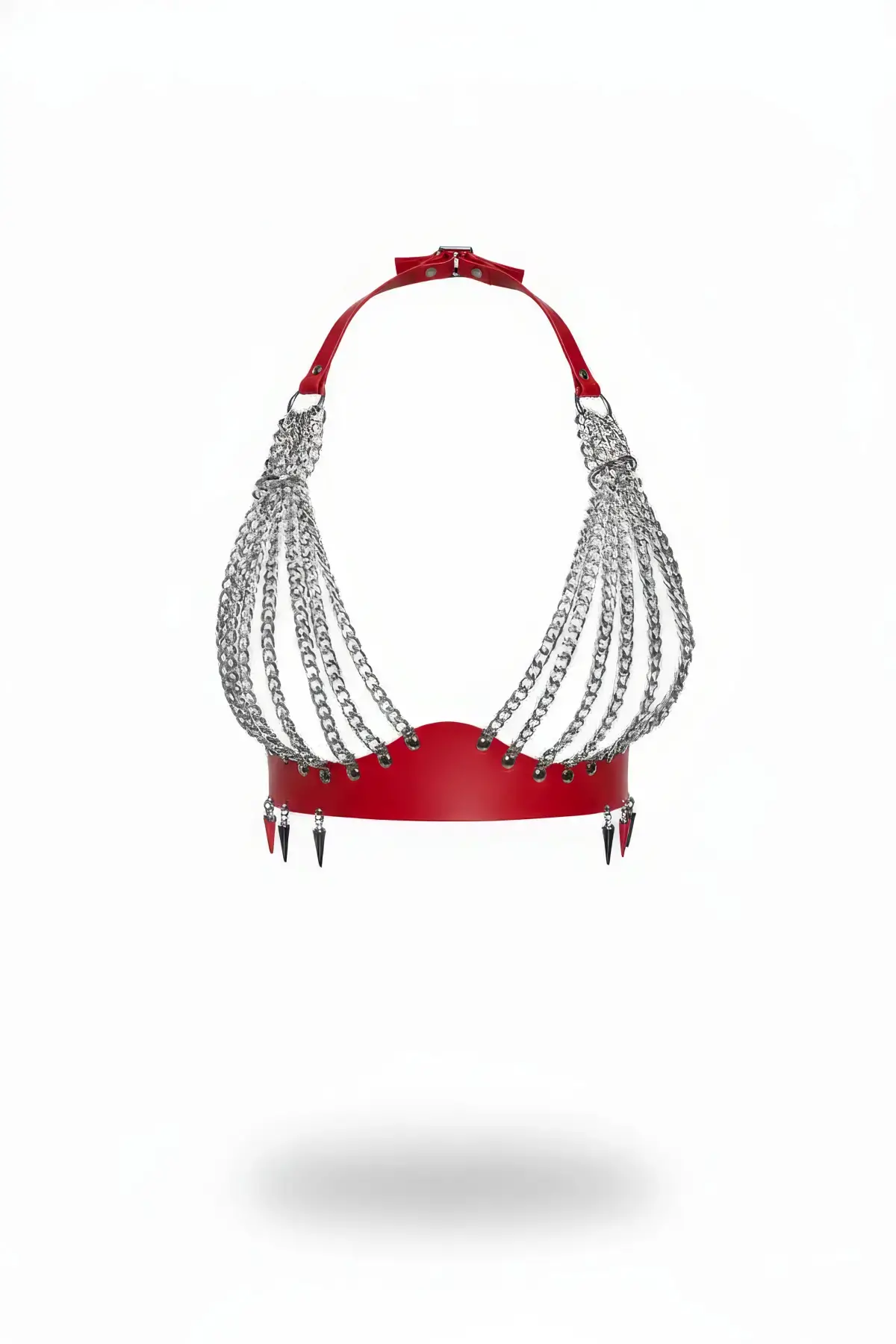 Kırmızı Göğüs Harness Zincir Detaylı Suni Deri Bralet - APFT964