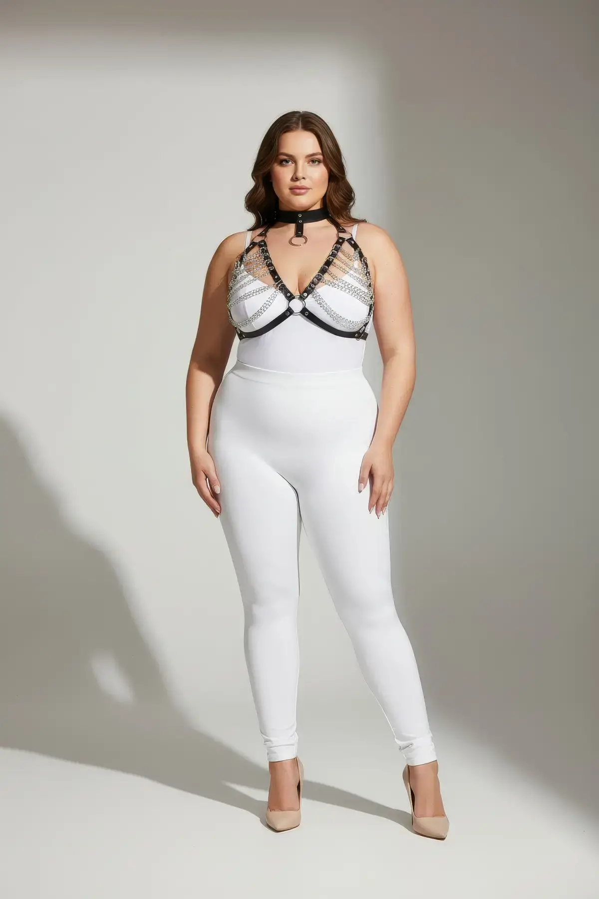 Büyük Beden Siyah Kadın Harness Takım Zincir Detaylı Deri Body Aksesuarı - APFT945