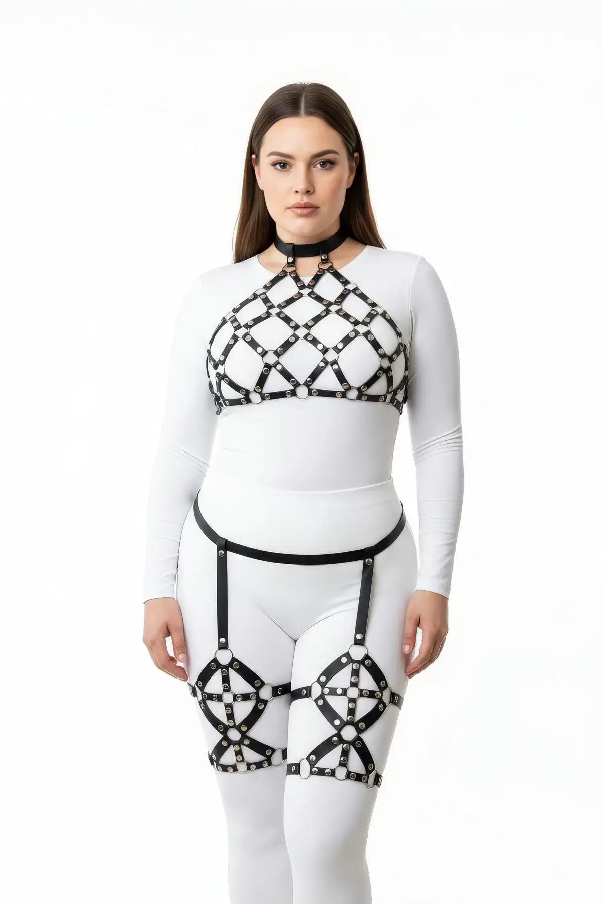 Büyük Beden Siyah Kadın Deri Full Body Harness Takım Halka Detaylı Jartiyerli - APFT460
