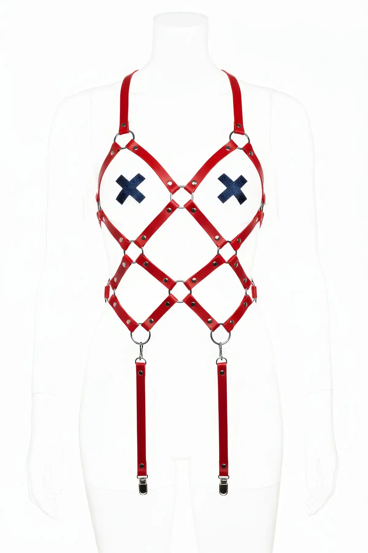 Kırmızı Body Harness Deri Kafes Yapılı Zımba Detaylı - APFT368