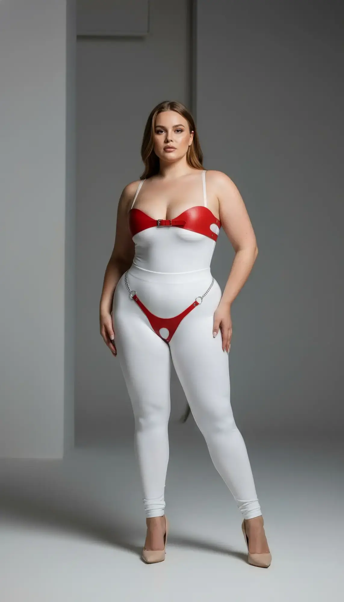 Büyük Beden Kırmızı Kadın Deri Zincir Detaylı Fantezi Harness Takım - APFT1234