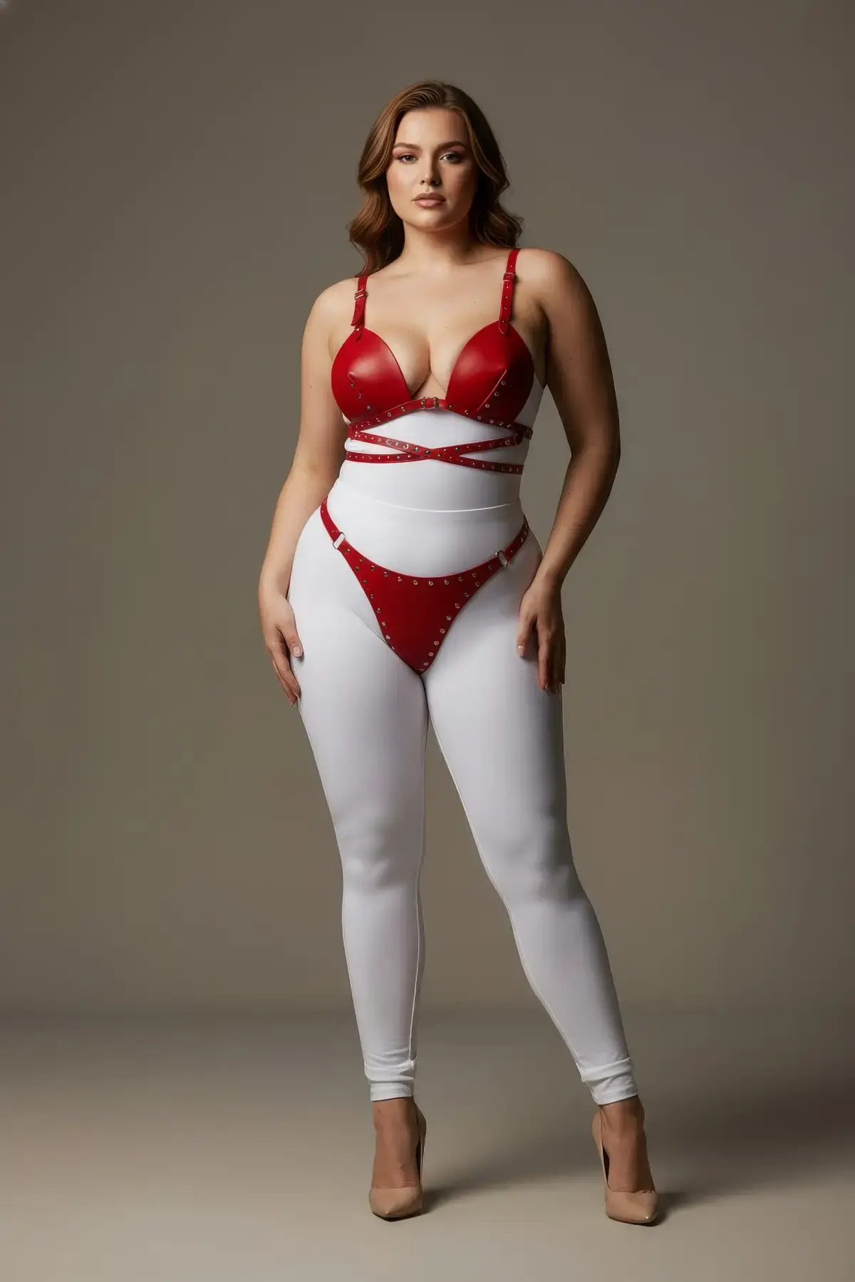 Büyük Beden Kırmızı Kadın Harness Takım Seksi Deri Zımba Detaylı - APFT849