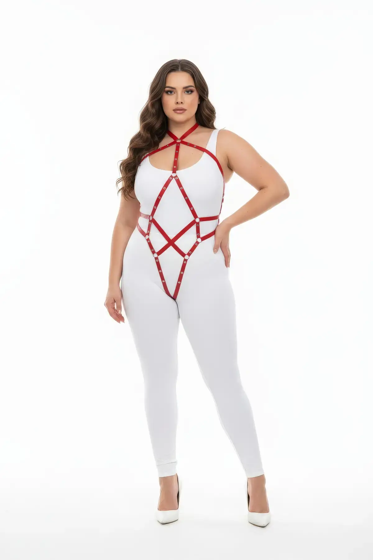 Büyük Beden Kırmızı Kadın Tam Vücut Deri Harness Fantazi Giyim - APFT295