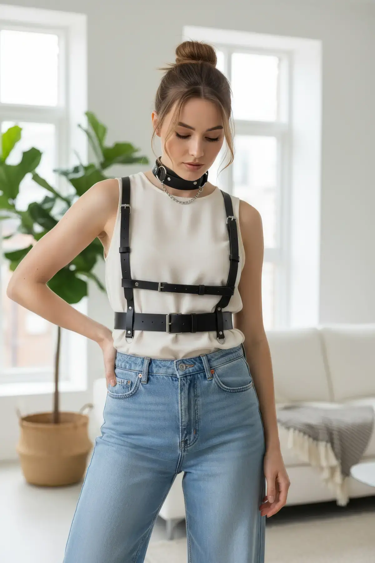Siyah Kadın Kemer Vücut Harness Detaylı Bel Aksesuarı - APFT959