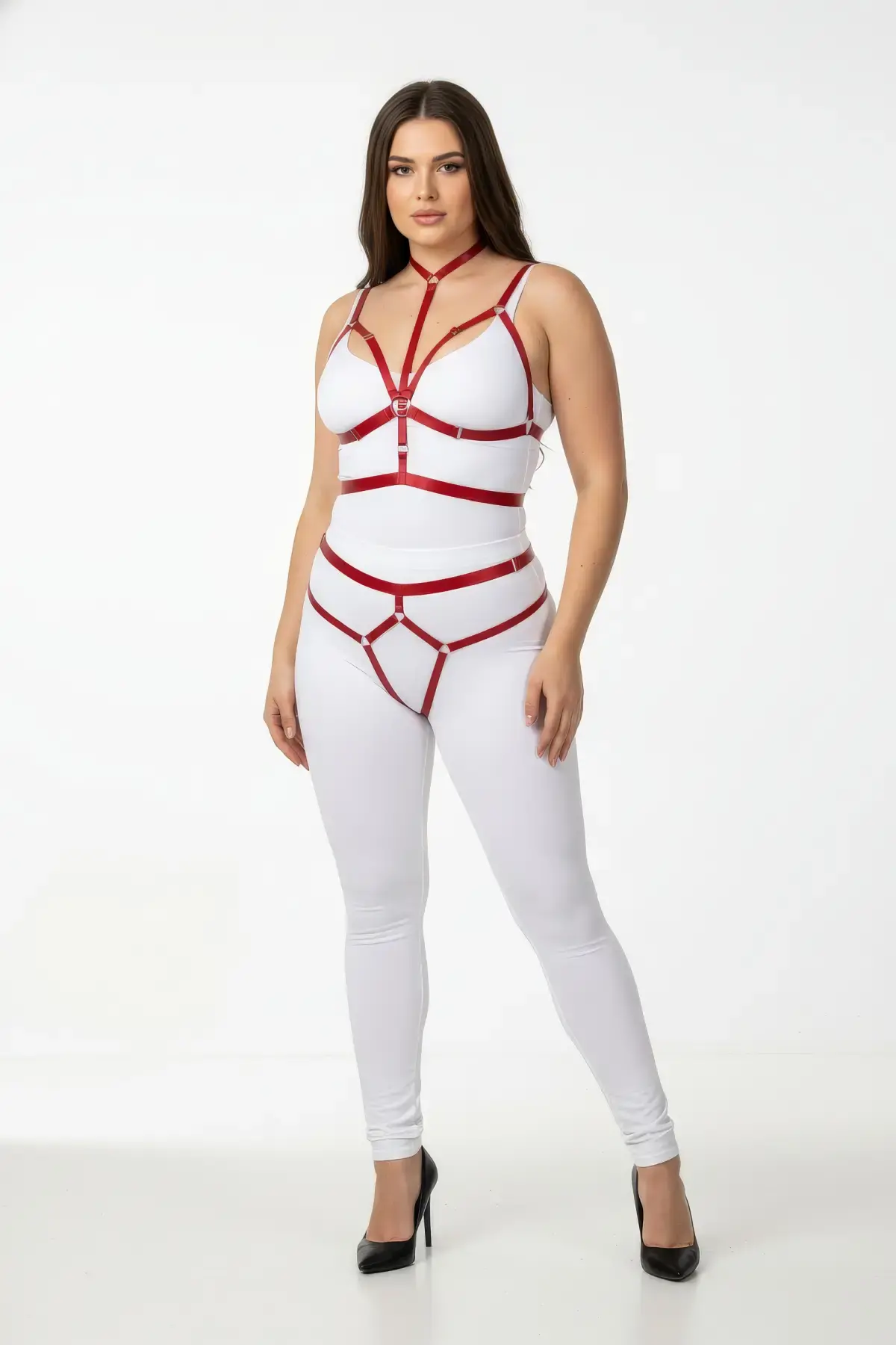 Büyük Beden Kırmızı Kadın Harness Takım Parlak Lastik Harness - APFT362