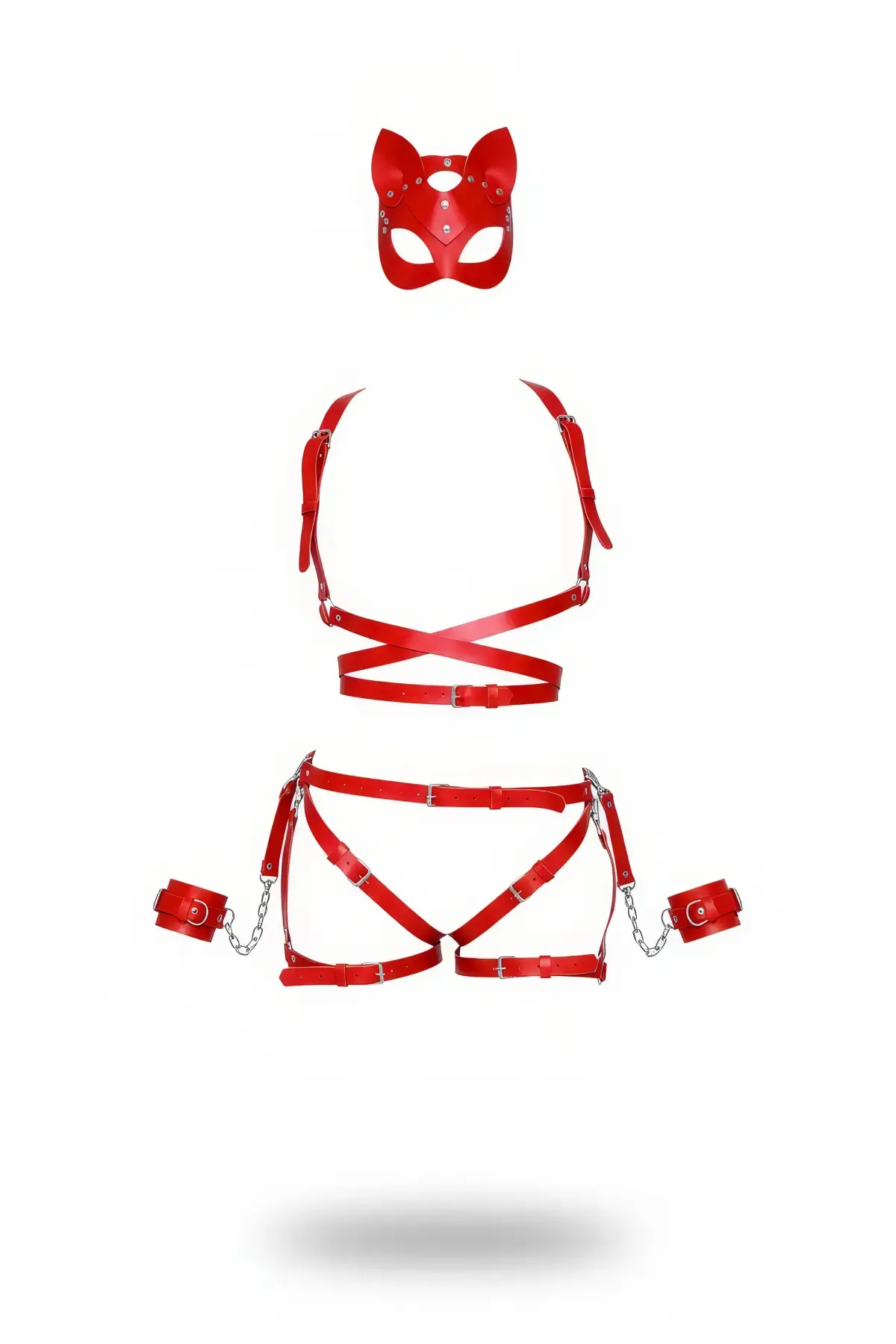 Kırmızı Harness Takım Deri Kedi Maskeli Zincir Detaylı - APFT1036
