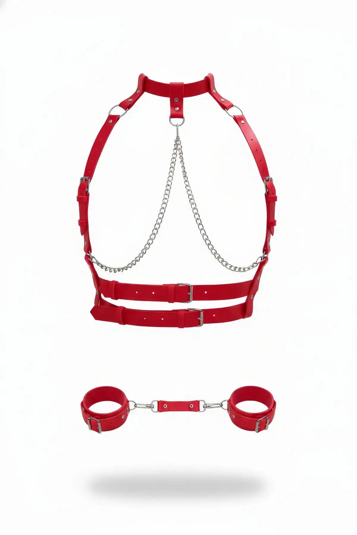 Kırmızı Harness Takım Zincir Detaylı Deri Vücut Seti - APFT720