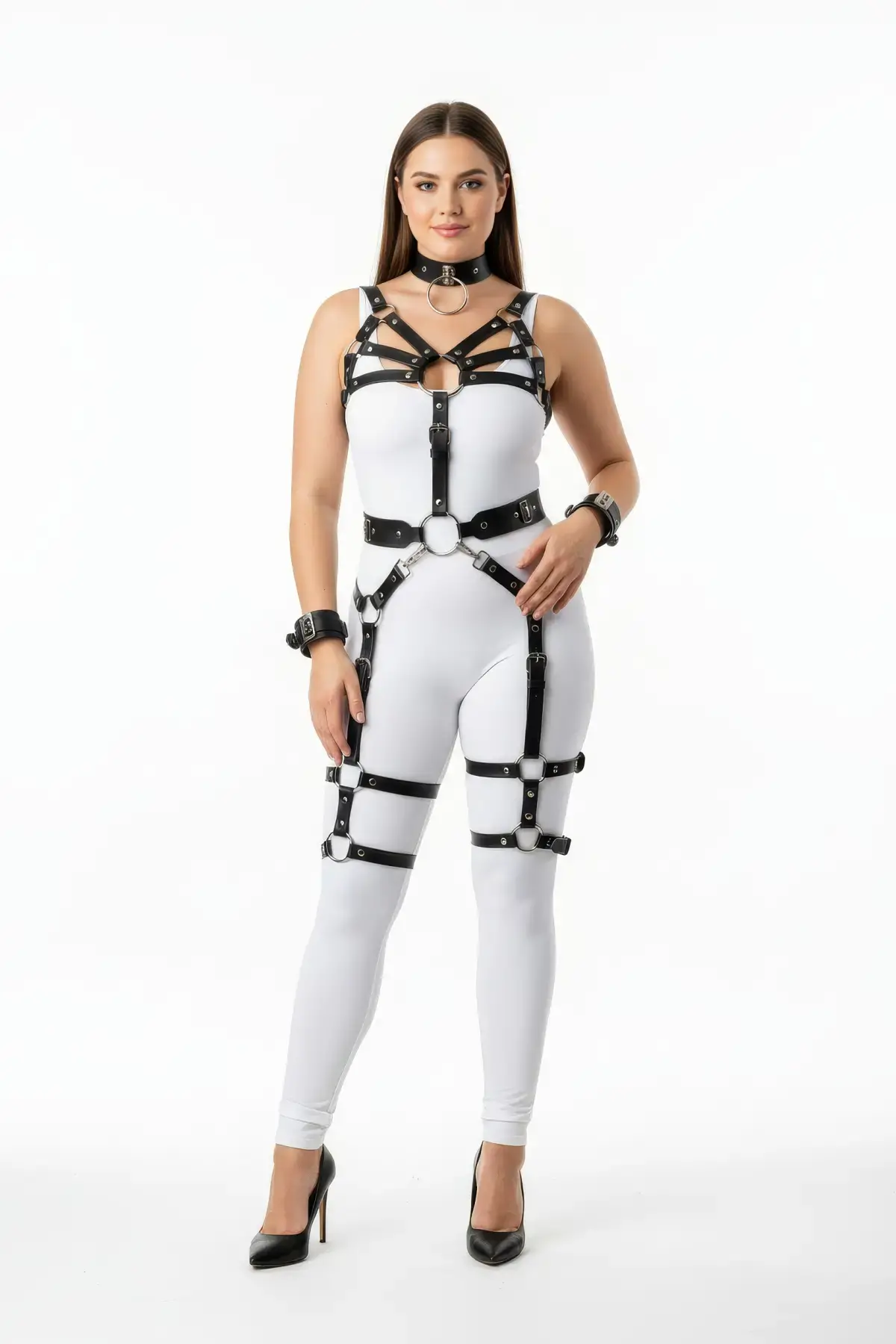 Büyük Beden Siyah Kadın Harness Takım Full Body Jartiyerli Deri Aksesuar - APFT1267