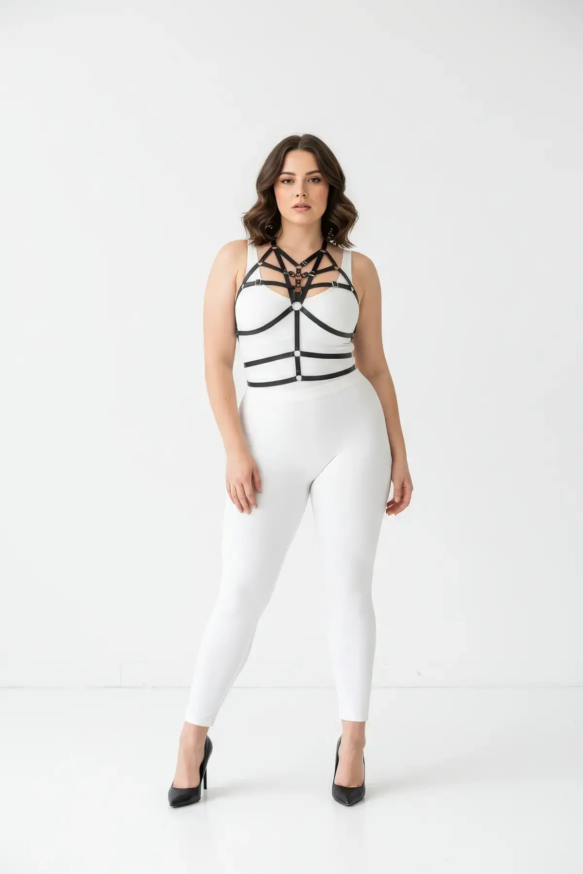 Büyük Beden Siyah Kadın Harness Lastik Vücut Aksesuarı - APFT349