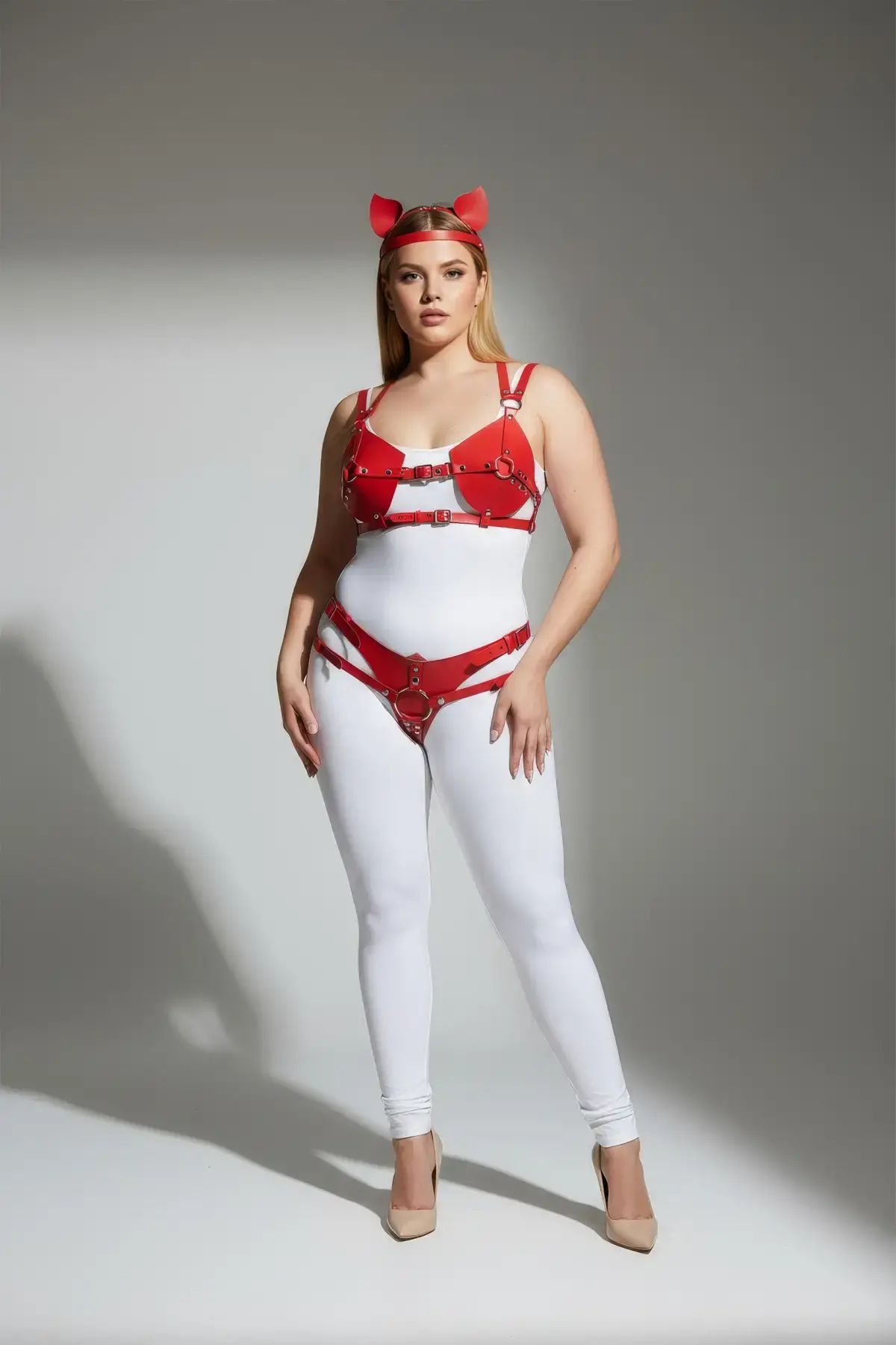 Büyük Beden Kırmızı Kadın Harness Takım Kedi Kulaklı Deri Fantazi Aksesuar - APFT871