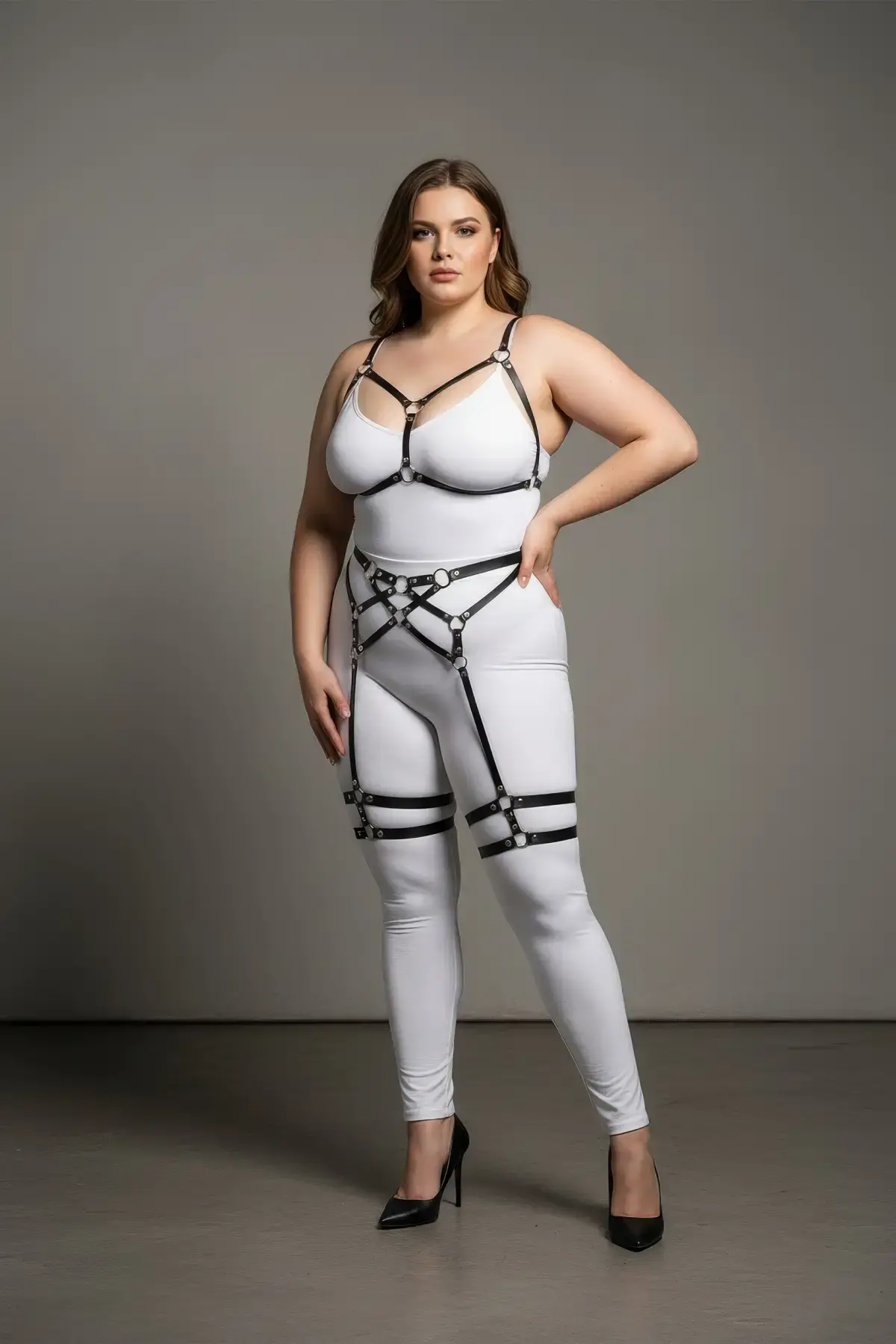 Büyük Beden Siyah Kadın Jartiyer Harness Full Body Deri Takım - APFT289