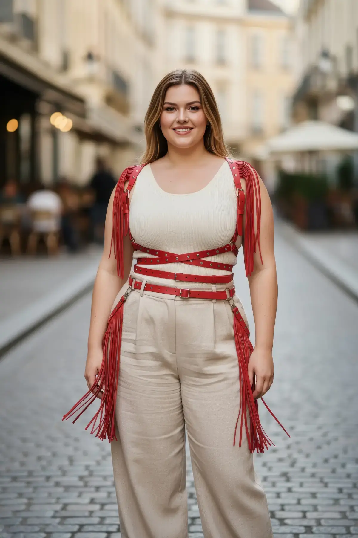 Büyük Beden Kırmızı Kadın Kemer Püskül Detaylı Deri Vücut Aksesuarı - APFT1005
