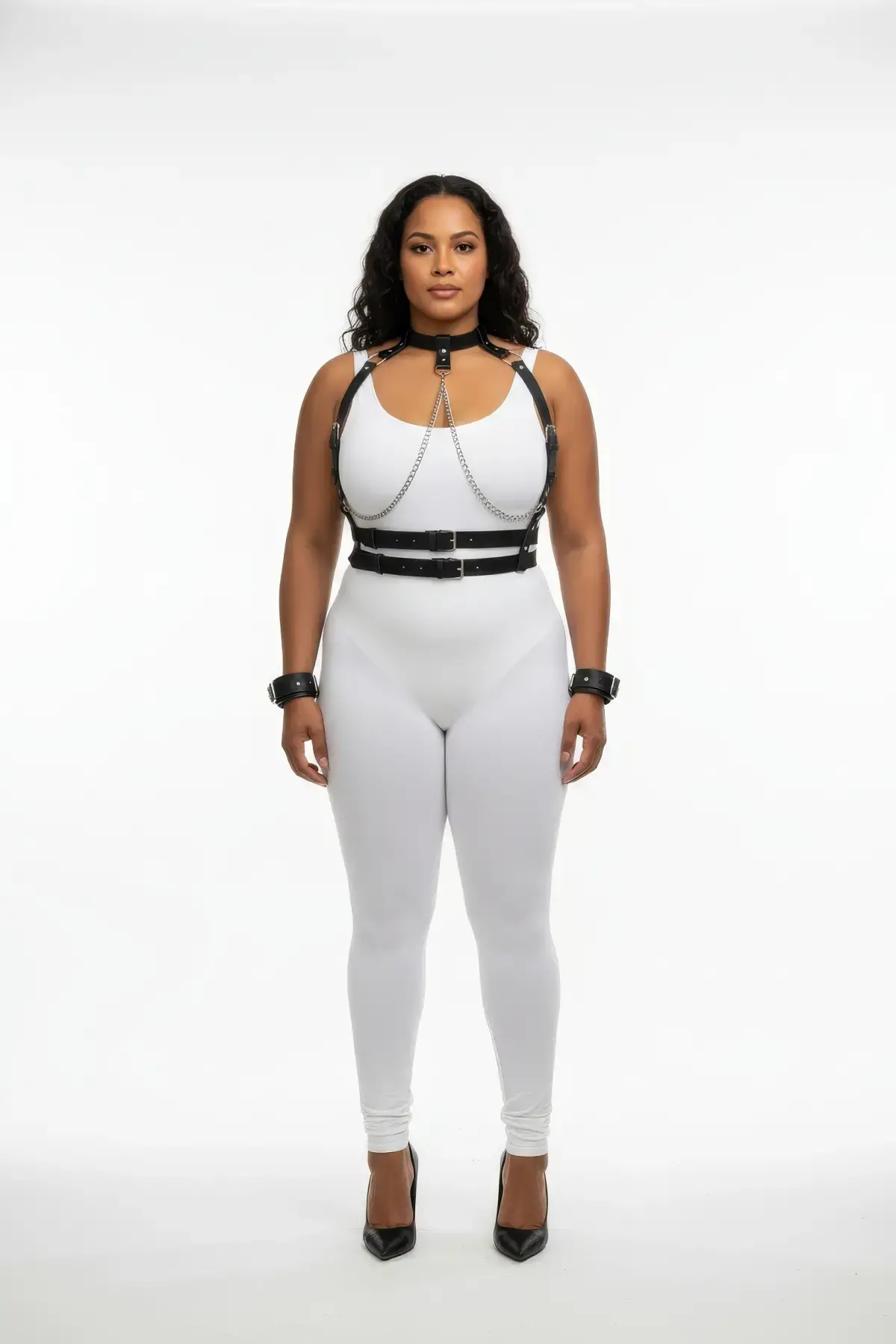 Büyük Beden Siyah Kadın Deri Harness Takım Zincir Detaylı Fantazi Full Set - APFT720
