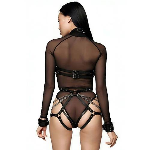 Zincir Detaylı Seksi Deri Harness Takım, Kadın Erotik Fantezi Giyim - APFT1224