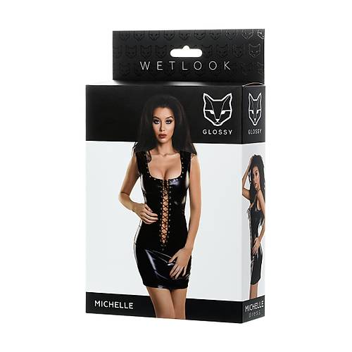Glossy MİCHELLE Deri Elbise, Perçinli, Wetlook , siyah, XL