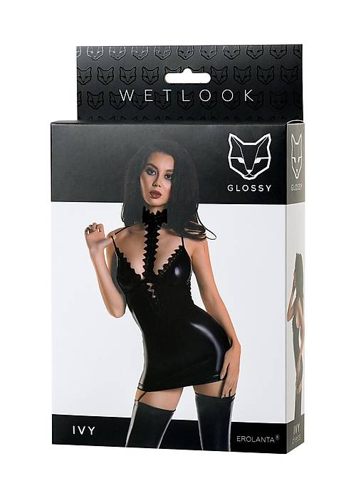 Glossy Parlak Sarmaşık Gerdanlık Elbisesi Wetlook malzemeden, Siyah, M
