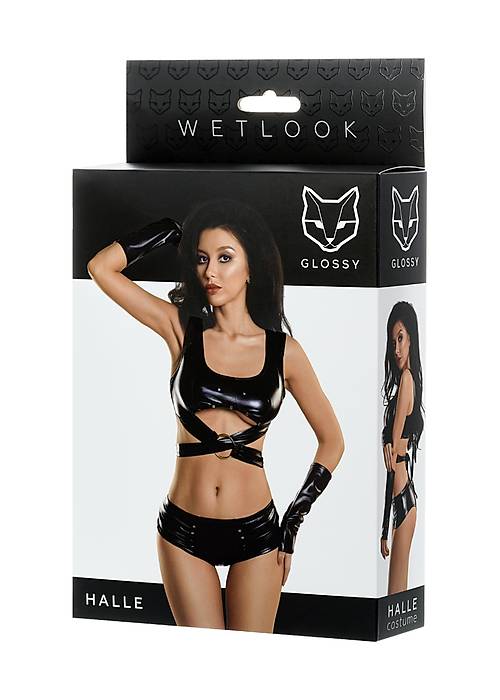 Glossy HALLE Deri Büstyer, Mini şort ve Eldiven Seti, Wetlook , siyah, M