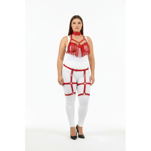 B�y�k Beden K�rm�z� Kad�n Deri Harness Tak�m P�sk�l Detayl� Jartiyerli - APFT715