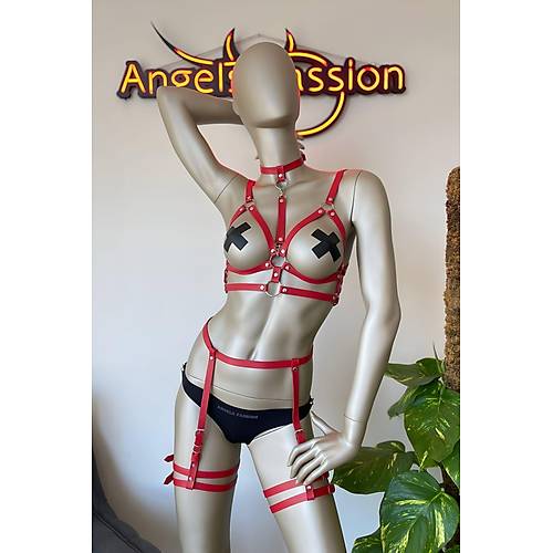 Krmz Deri Gs zeri Harness ve Jartiyer Harness