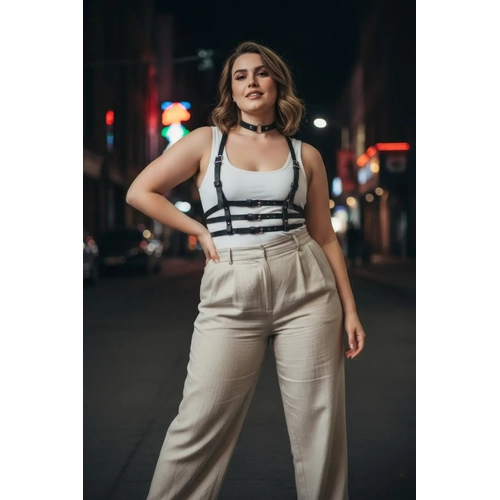 B�y�k Beden Siyah Kad�n Deri Harness Korse Kemer Tarz� V�cut Aksesuar� - APFT615