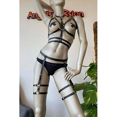 Siyah Deri Fantezi Jartiyer Harness Takm - APFT455