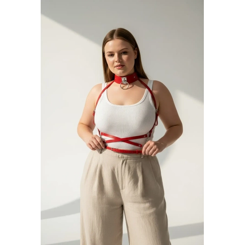 B�y�k Beden K�rm�z� Kad�n Kemer Metal Halka Detayl� Deri Harness - APFT644
